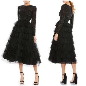 Mac Duggal IEENA NWOT Sequined Tea-Length Dress Tiered Tulle Long Sleeve Size 14